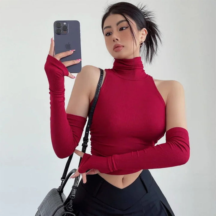 Dam långärmad crop-top med ståkrage och figurnära snitt Mirla-Eva Jonsson