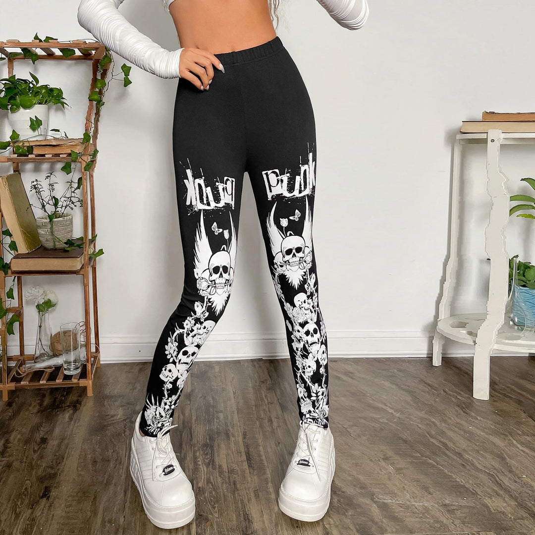 Dam leggings med iögonfallande dödskalle- och blommönster Mirla-Eva Jonsson