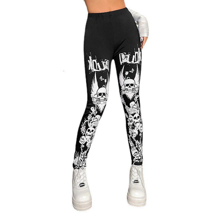 Dam leggings med iögonfallande dödskalle- och blommönster Mirla-Eva Jonsson