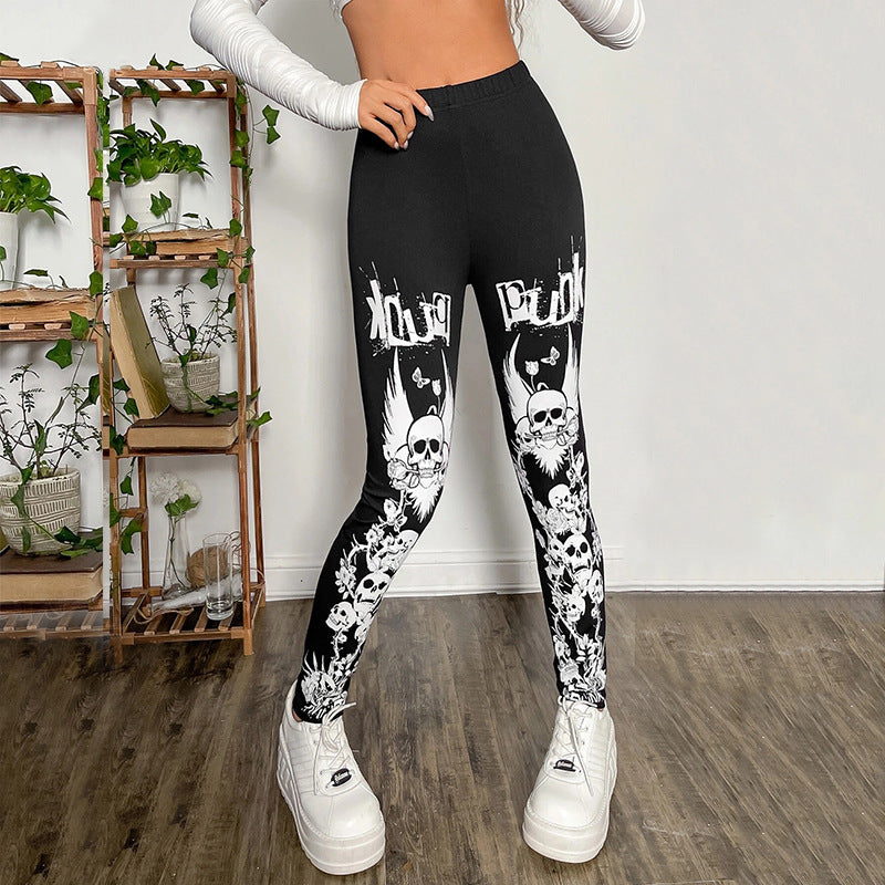 Dam leggings med iögonfallande dödskalle- och blommönster Mirla-Eva Jonsson