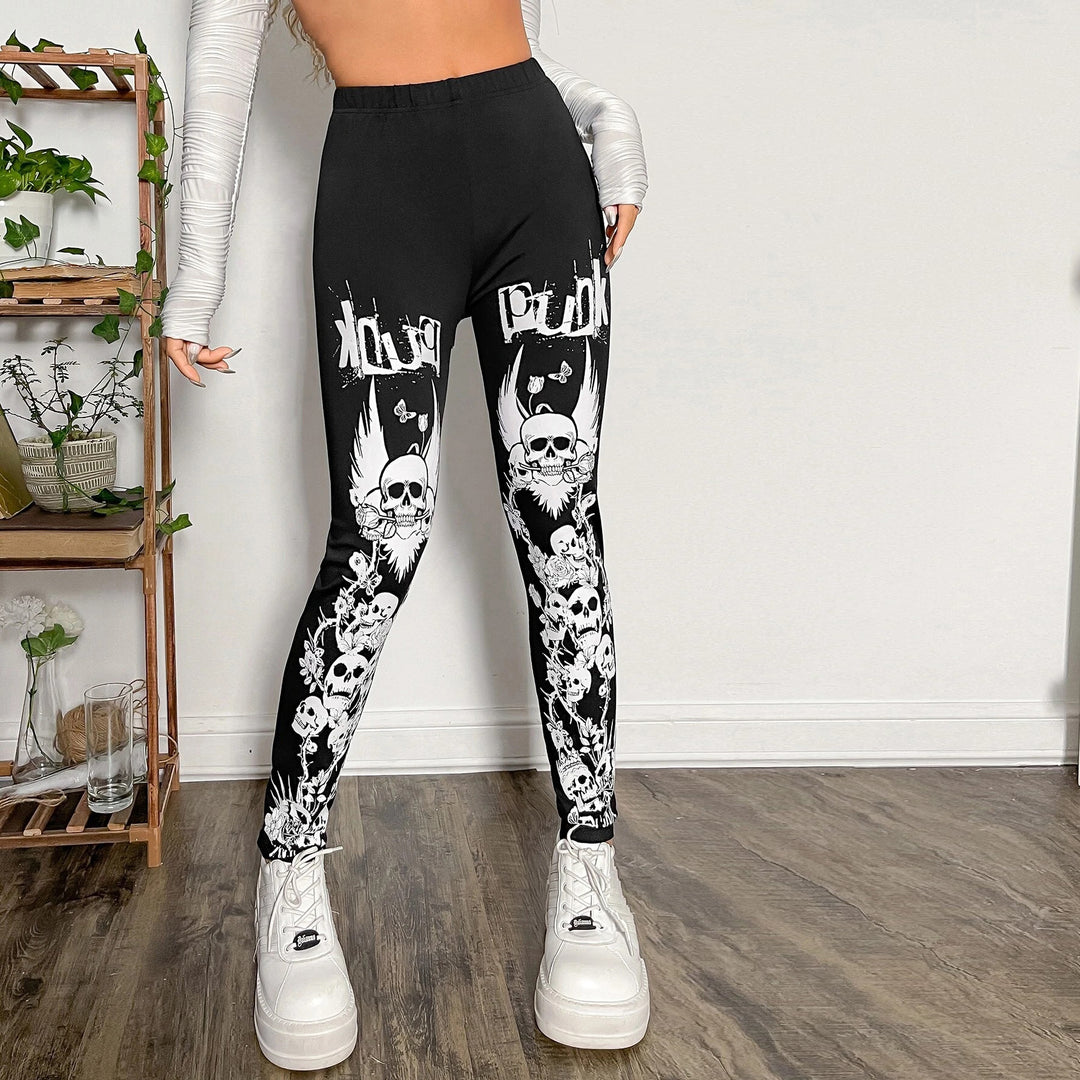 Dam leggings med iögonfallande dödskalle- och blommönster Mirla-Eva Jonsson