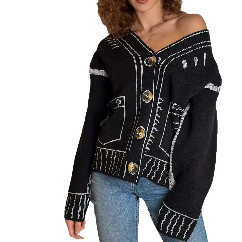 Dam lös stickad kofta med utsökt design och stora knappar Mirla-Eva Jonsson