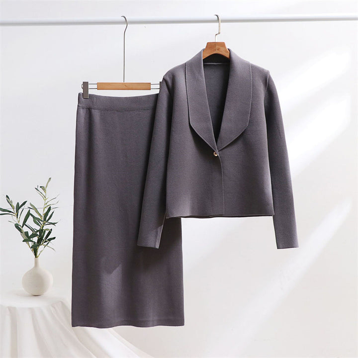 Dam mode elegant stickad ensemble med blazer och midikjol Mirla-Eva Jonsson