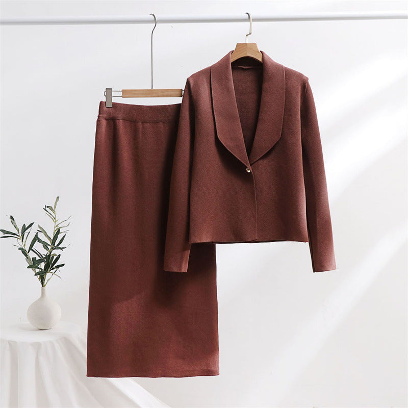Dam mode elegant stickad ensemble med blazer och midikjol Mirla-Eva Jonsson