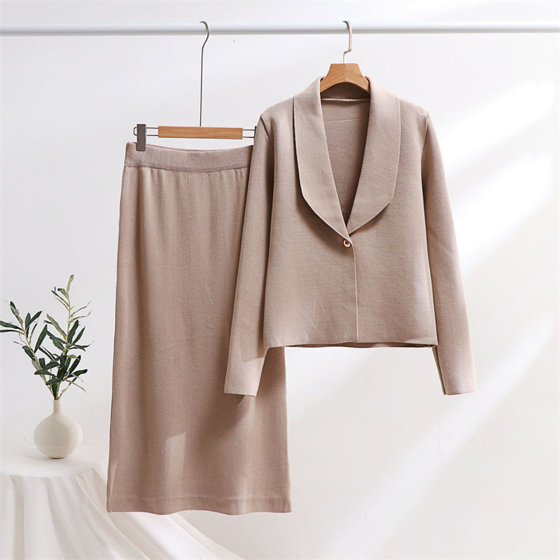 Dam mode elegant stickad ensemble med blazer och midikjol Mirla-Eva Jonsson