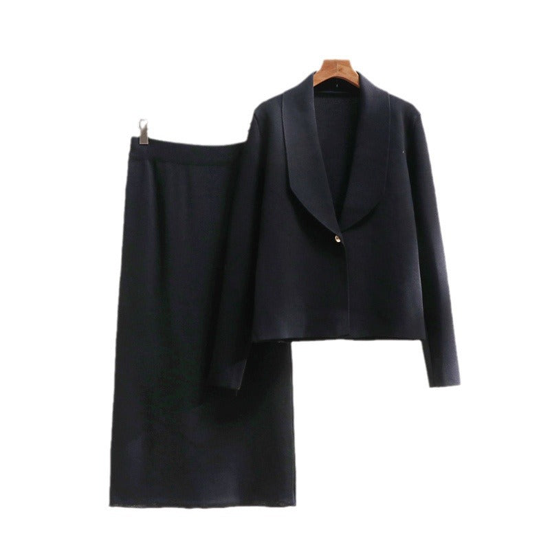 Dam mode elegant stickad ensemble med blazer och midikjol Mirla-Eva Jonsson