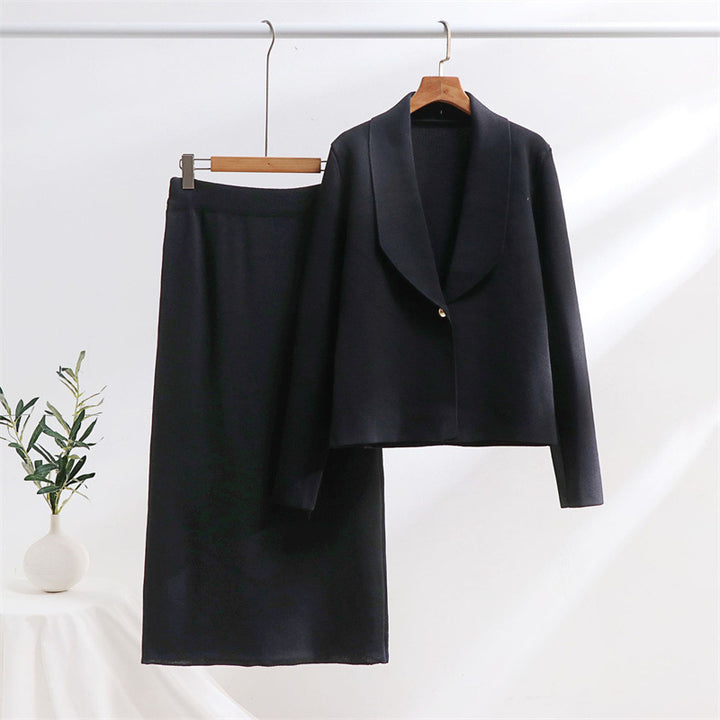 Dam mode elegant stickad ensemble med blazer och midikjol Mirla-Eva Jonsson