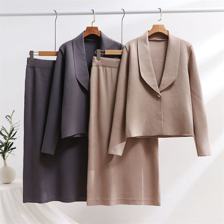 Dam mode elegant stickad ensemble med blazer och midikjol Mirla-Eva Jonsson