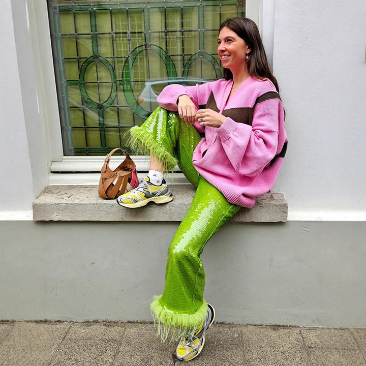Dam oversized stickad jacka med kontrasterande mönster Mirla-Eva Jonsson