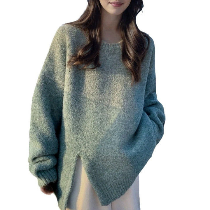 Dam oversized stickad tröja med elegant V-hals och sidofrekvenser Mirla-Eva Jonsson
