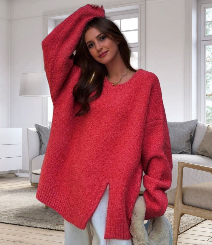 Dam oversized stickad tröja med elegant V-hals och sidofrekvenser Mirla-Eva Jonsson