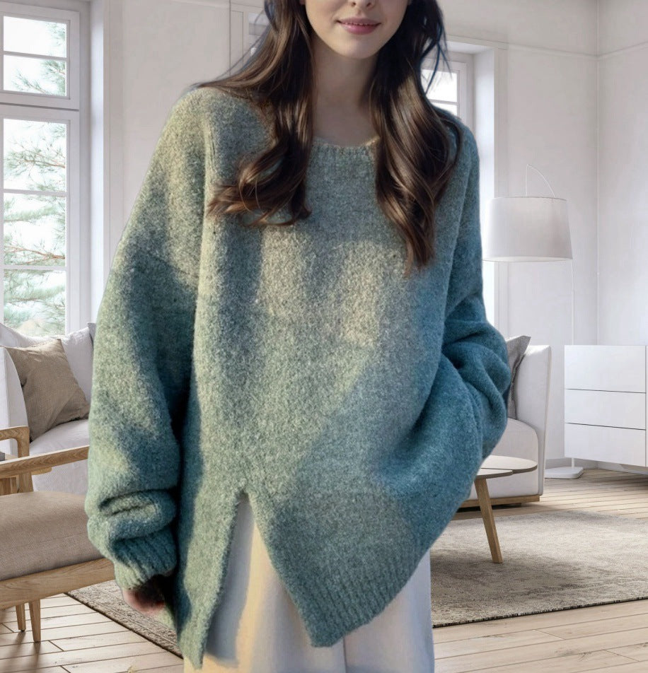 Dam oversized stickad tröja med elegant V-hals och sidofrekvenser Mirla-Eva Jonsson