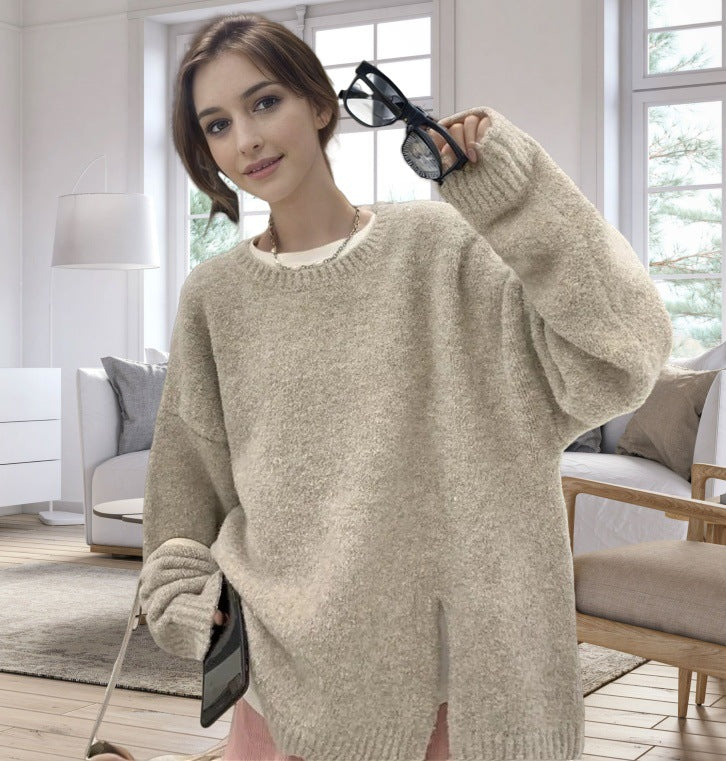 Dam oversized stickad tröja med elegant V-hals och sidofrekvenser Mirla-Eva Jonsson