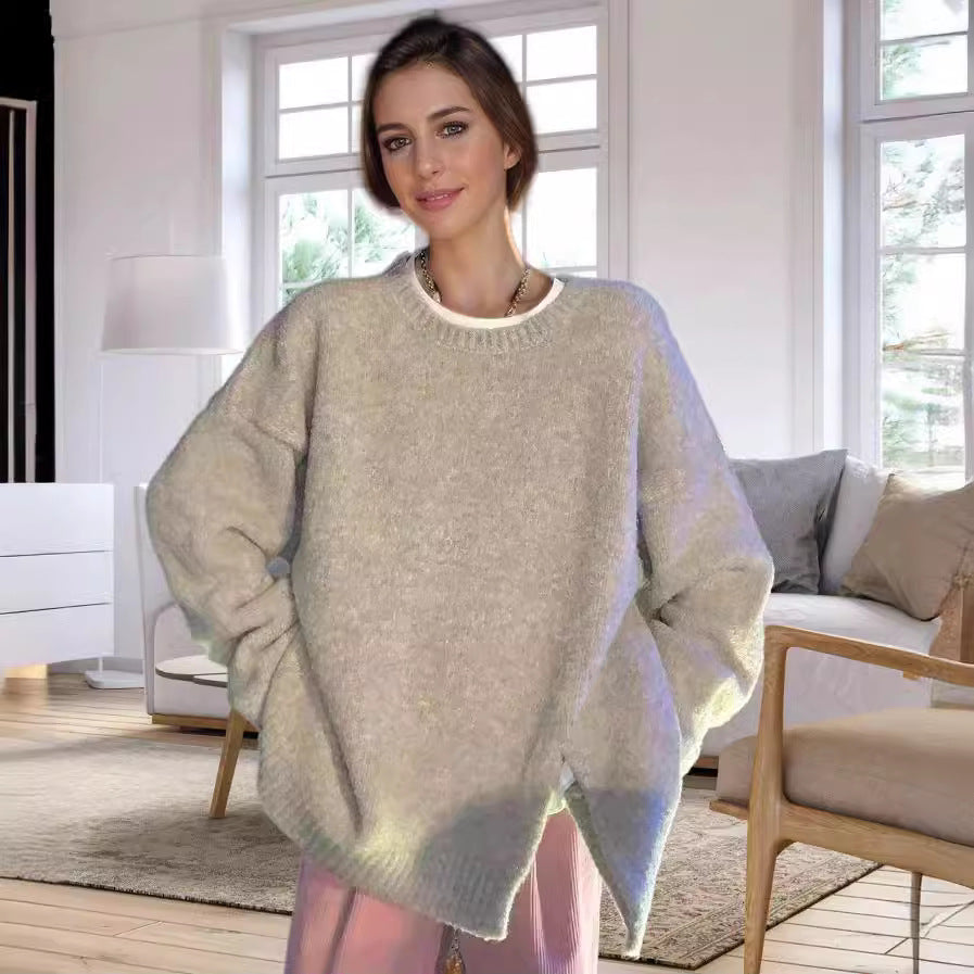 Dam oversized stickad tröja med elegant V-hals och sidofrekvenser Mirla-Eva Jonsson