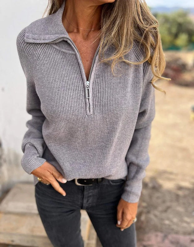 Dam sportig stickad tröja med ståkrage och dragkedja Eva Jonsson-Eva Jonsson