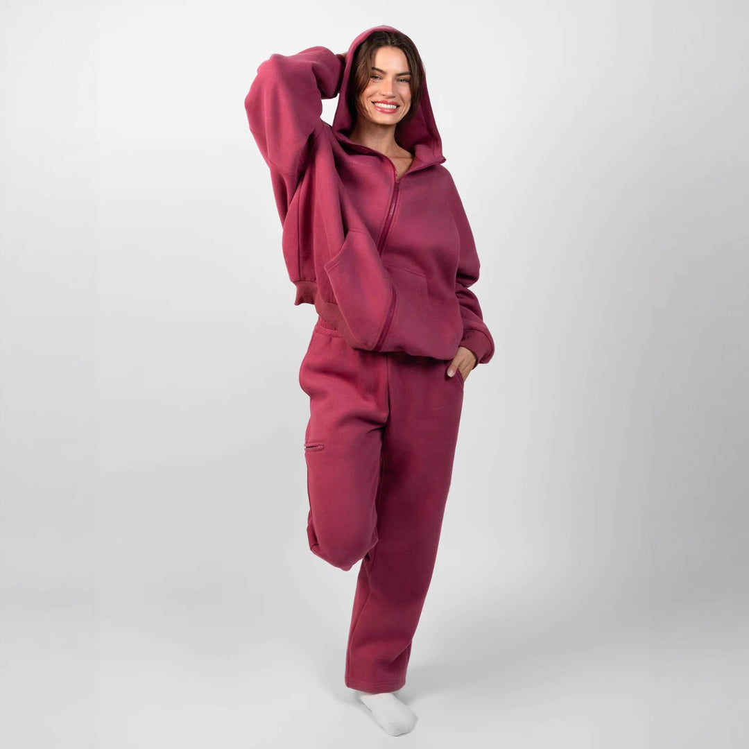 Dam sportigt fleece-hoodie-set med dragkedja och vida byxor Eva Jonsson-Eva Jonsson