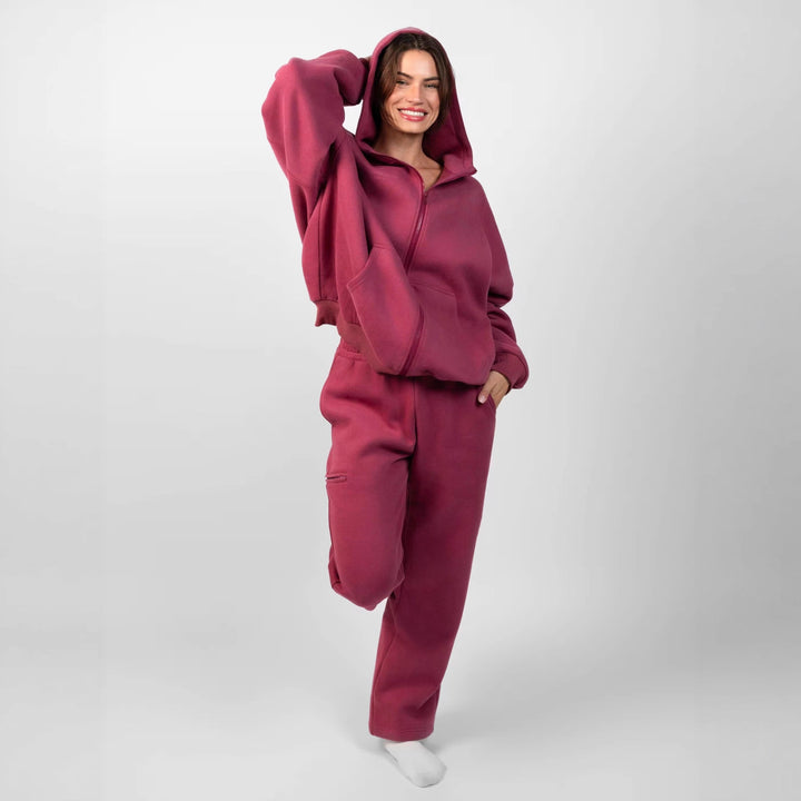 Dam sportigt fleece-hoodie-set med dragkedja och vida byxor Eva Jonsson-Eva Jonsson