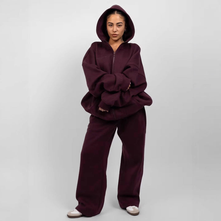 Dam sportigt fleece-hoodie-set med dragkedja och vida byxor Eva Jonsson-Eva Jonsson