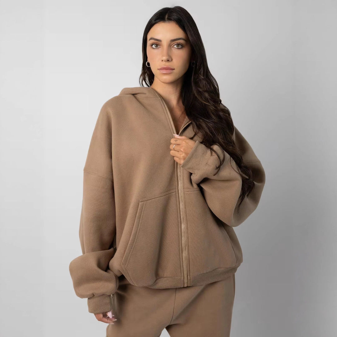 Dam sportigt fleece-hoodie-set med dragkedja och vida byxor Eva Jonsson-Eva Jonsson