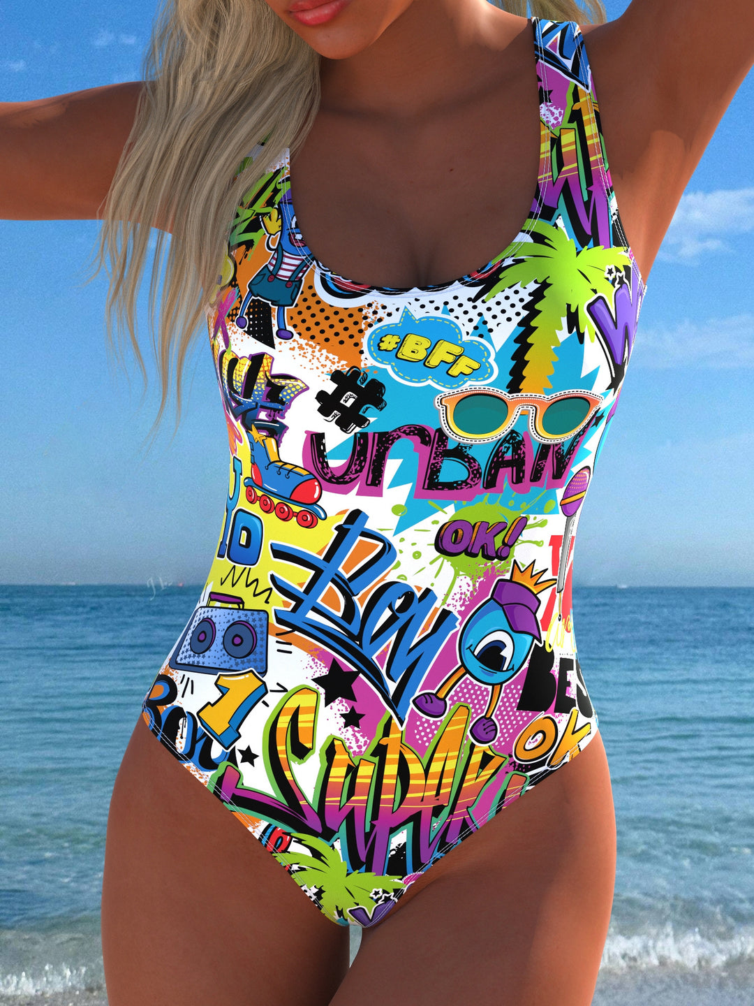 Dam women's one-piece swimsuit with playful comic design and high comfort Mirla-Eva Jonsson