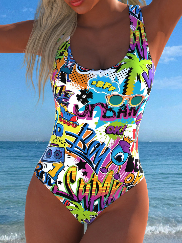 Dam women's one-piece swimsuit with playful comic design and high comfort Mirla-Eva Jonsson