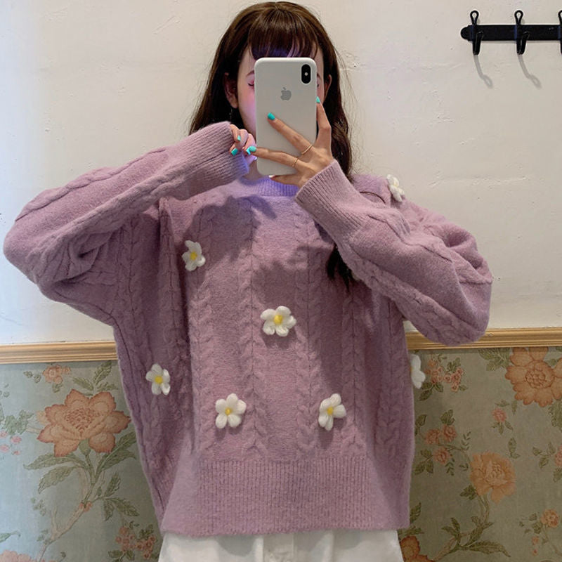 Damarnas Mode Chunky Stickad Tröja med Blomapplikationer Mirla-Eva Jonsson