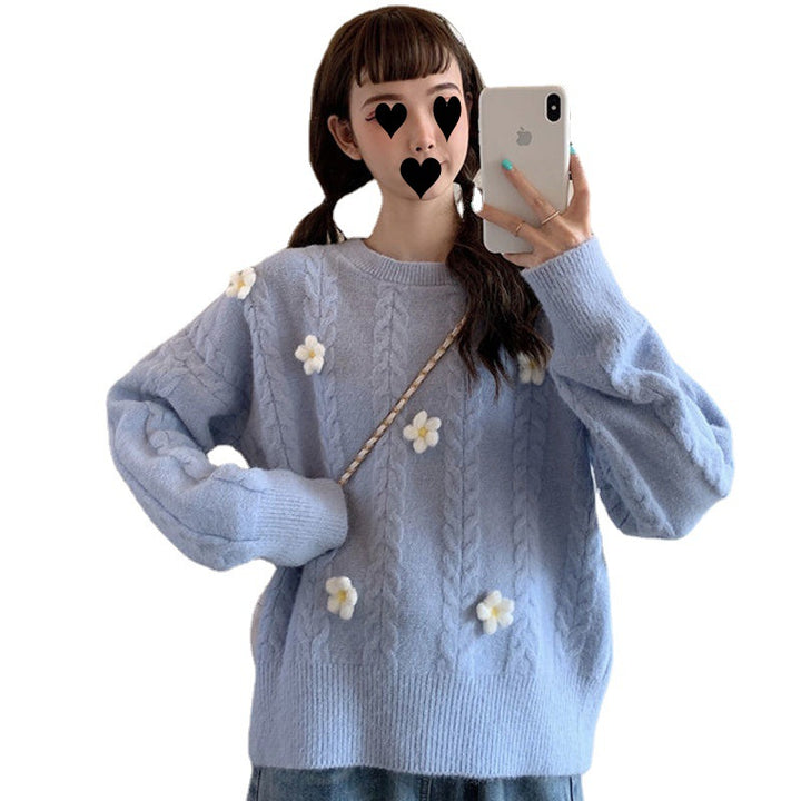 Damarnas Mode Chunky Stickad Tröja med Blomapplikationer Mirla-Eva Jonsson