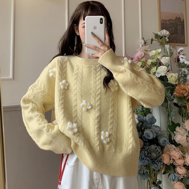 Damarnas Mode Chunky Stickad Tröja med Blomapplikationer Mirla-Eva Jonsson