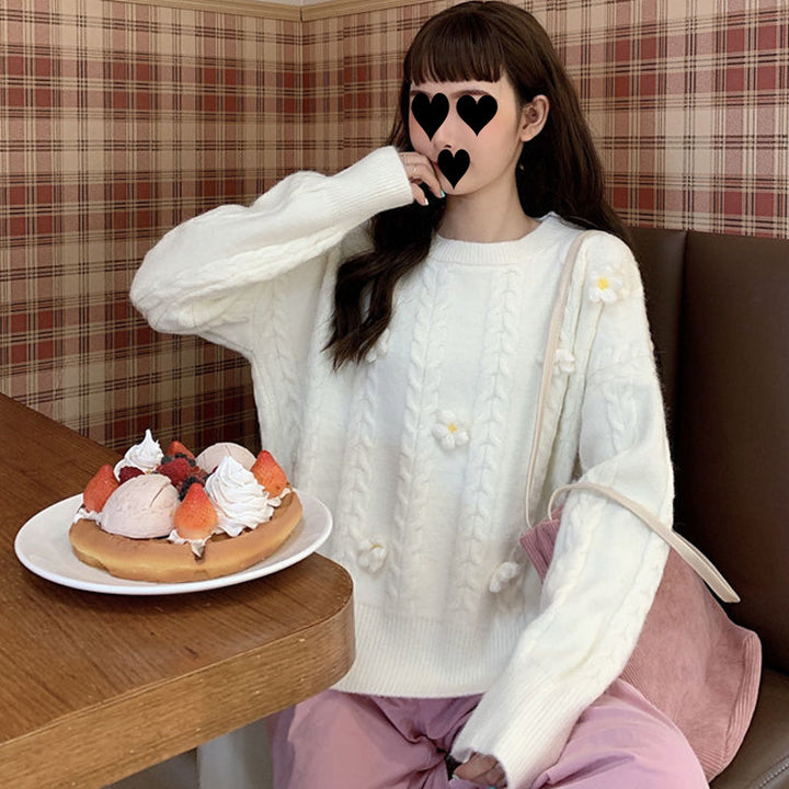 Damarnas Mode Chunky Stickad Tröja med Blomapplikationer Mirla-Eva Jonsson