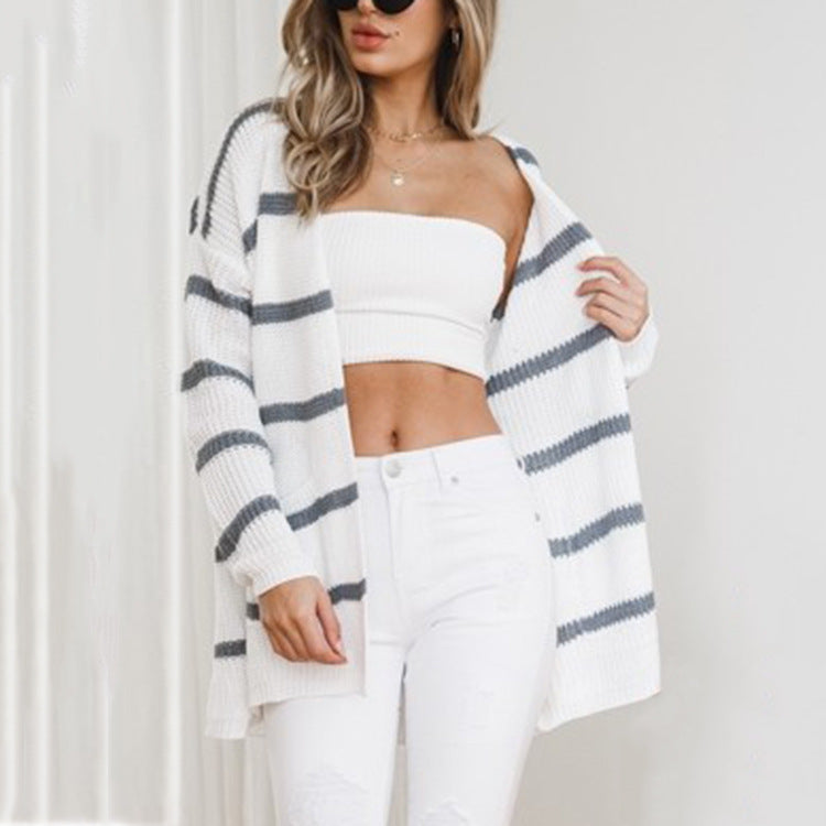 Damarnas stickad cardigan med avslappnad randdesign och öppna fronter Eva Jonsson-Eva Jonsson