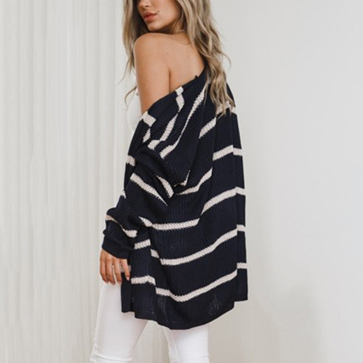 Damarnas stickad cardigan med avslappnad randdesign och öppna fronter Eva Jonsson-Eva Jonsson