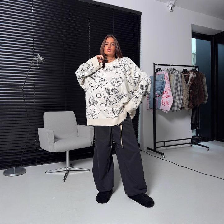 Damars Mysig Oversized Tröja med Kreativt Djurmönster och Avslappnad Skärning Mirla-Eva Jonsson
