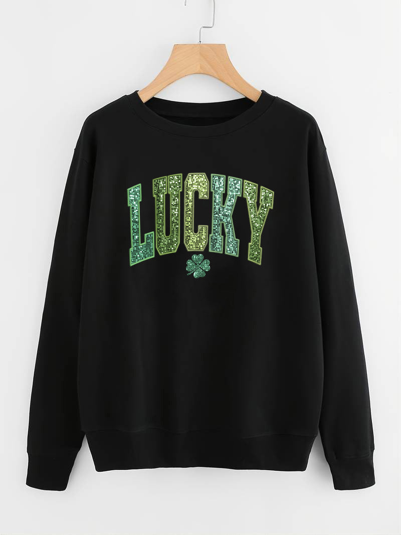 Damars casual sweatshirt med glittrande text och klövermotiv Mirla-Eva Jonsson