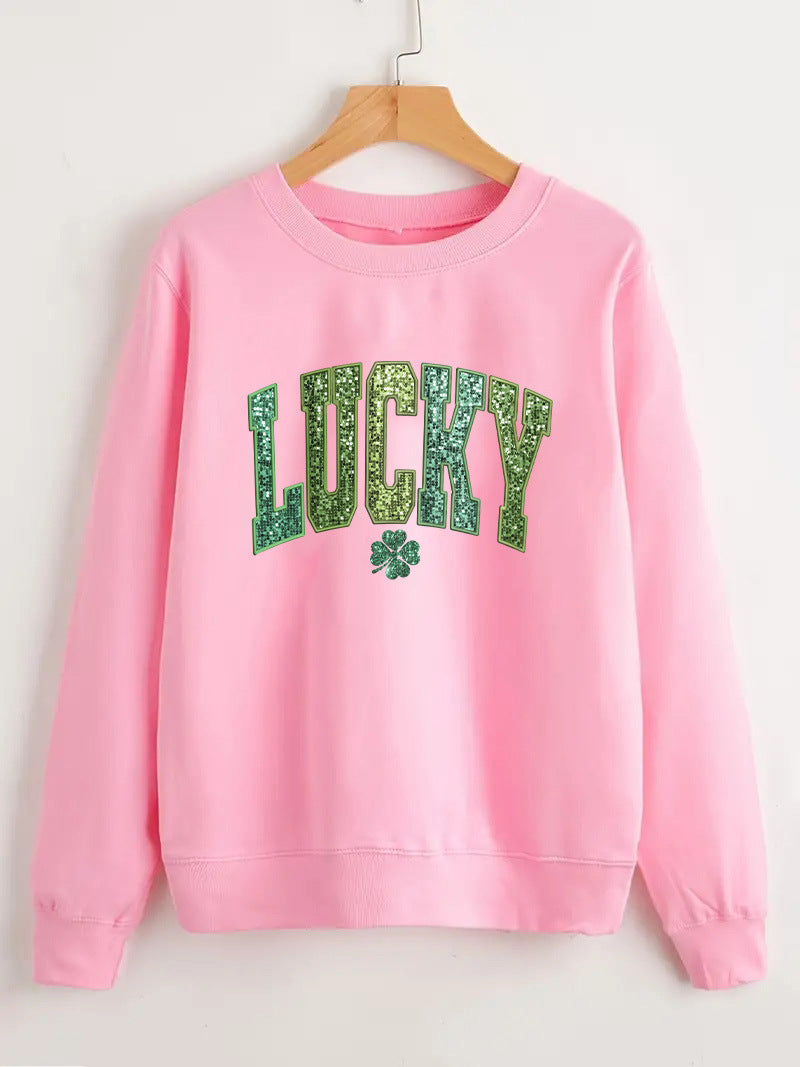 Damars casual sweatshirt med glittrande text och klövermotiv Mirla-Eva Jonsson