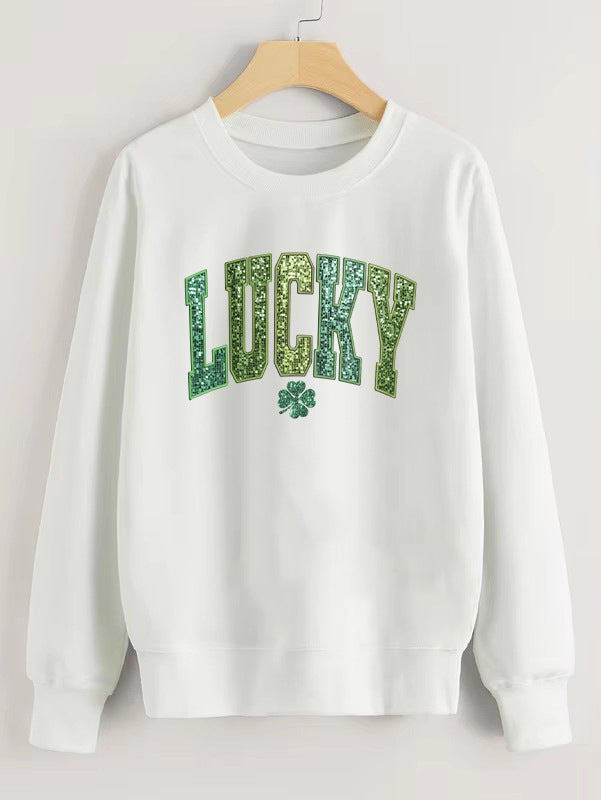 Damars casual sweatshirt med glittrande text och klövermotiv Mirla-Eva Jonsson