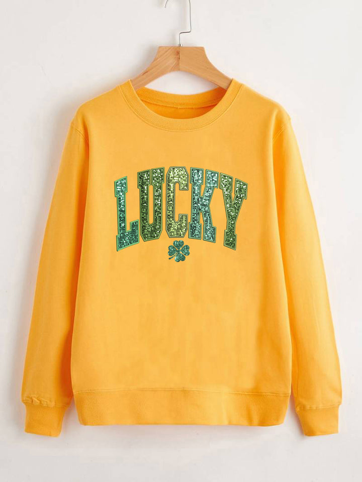 Damars casual sweatshirt med glittrande text och klövermotiv Mirla-Eva Jonsson