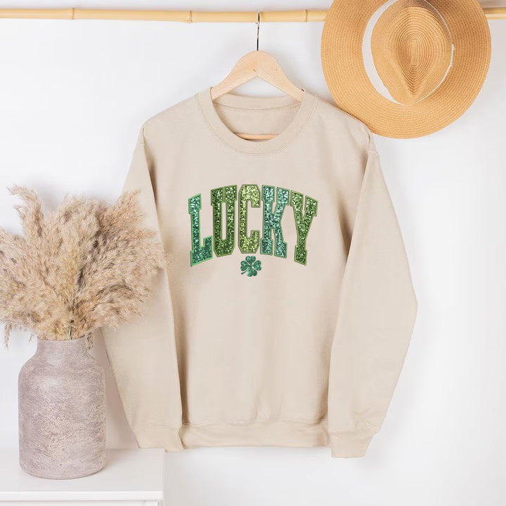 Damars casual sweatshirt med glittrande text och klövermotiv Mirla-Eva Jonsson