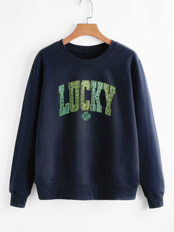 Damars casual sweatshirt med glittrande text och klövermotiv Mirla-Eva Jonsson