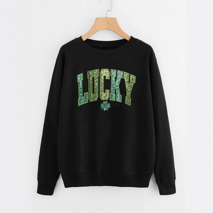 Damars casual sweatshirt med glittrande text och klövermotiv Mirla-Eva Jonsson