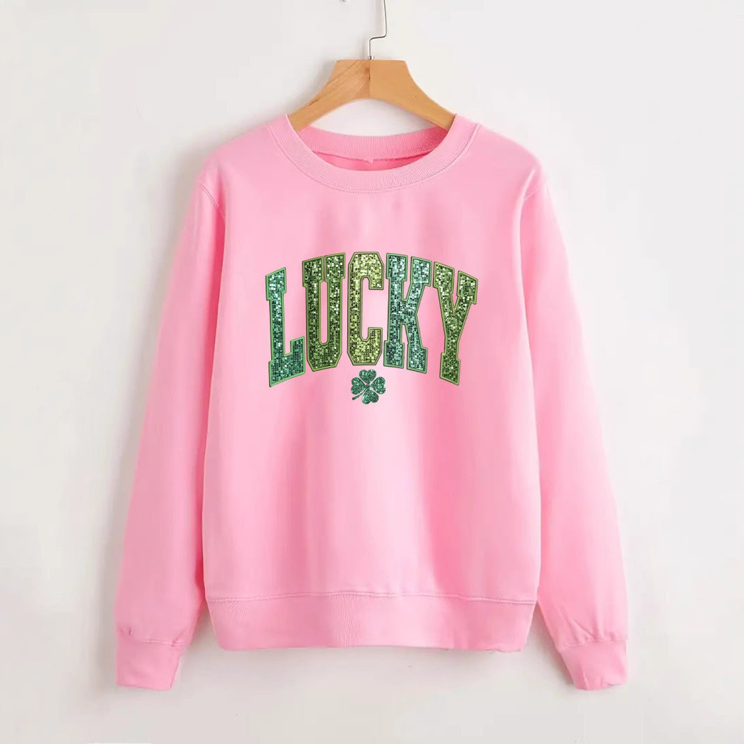 Damars casual sweatshirt med glittrande text och klövermotiv Mirla-Eva Jonsson