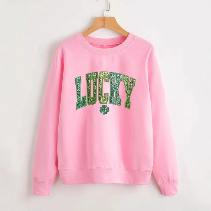 Damars casual sweatshirt med glittrande text och klövermotiv Mirla-Eva Jonsson