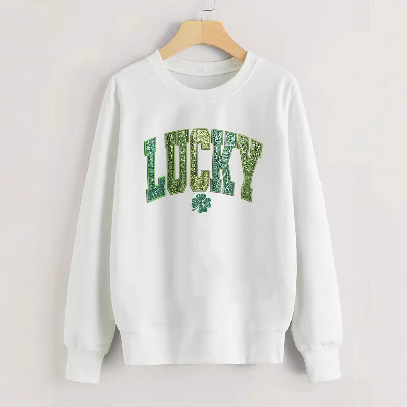Damars casual sweatshirt med glittrande text och klövermotiv Mirla-Eva Jonsson