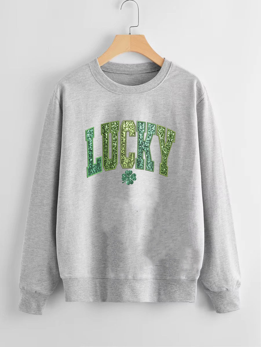 Damars casual sweatshirt med glittrande text och klövermotiv Mirla-Eva Jonsson