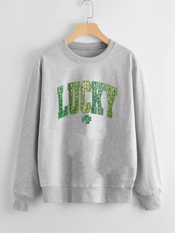 Damars casual sweatshirt med glittrande text och klövermotiv Mirla-Eva Jonsson