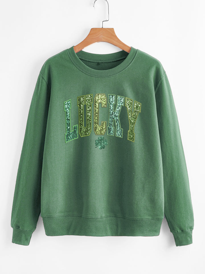 Damars casual sweatshirt med glittrande text och klövermotiv Mirla-Eva Jonsson