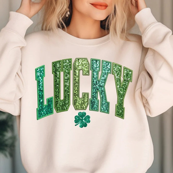 Damars casual sweatshirt med glittrande text och klövermotiv Mirla-Eva Jonsson