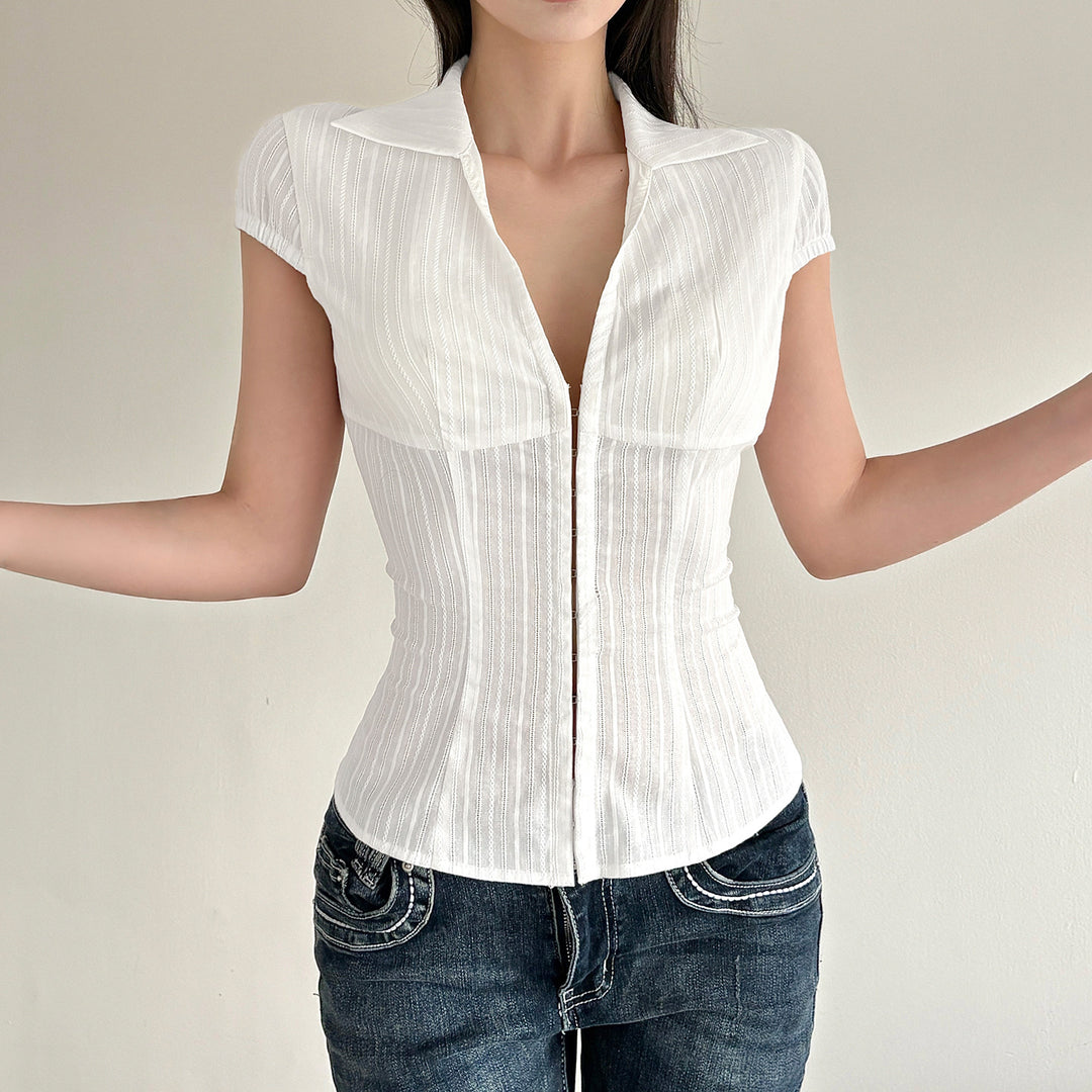 Damas Elegant blusa corta de manga corta con bonito cuello alto y cremallera Mirla-Eva Jonsson