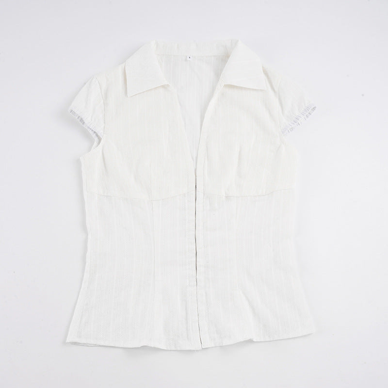 Damas Elegant blusa corta de manga corta con bonito cuello alto y cremallera Mirla-Eva Jonsson
