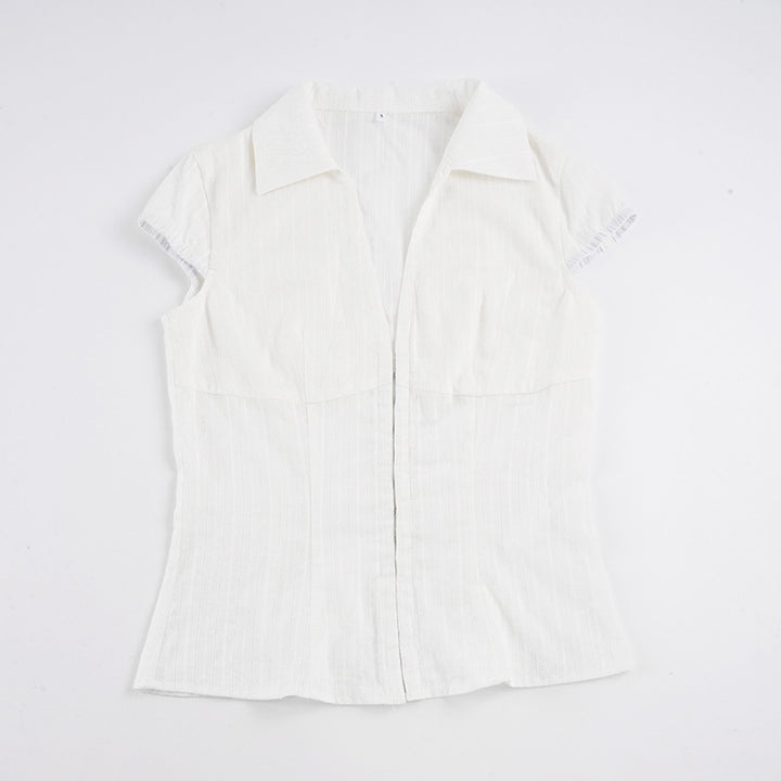 Damas Elegant blusa corta de manga corta con bonito cuello alto y cremallera Mirla-Eva Jonsson