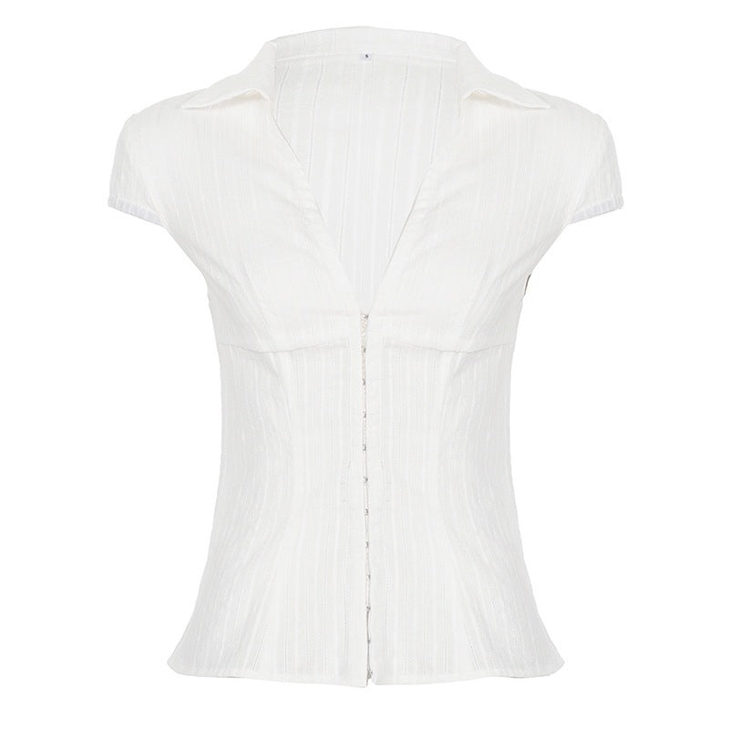 Damas Elegant blusa corta de manga corta con bonito cuello alto y cremallera Mirla-Eva Jonsson